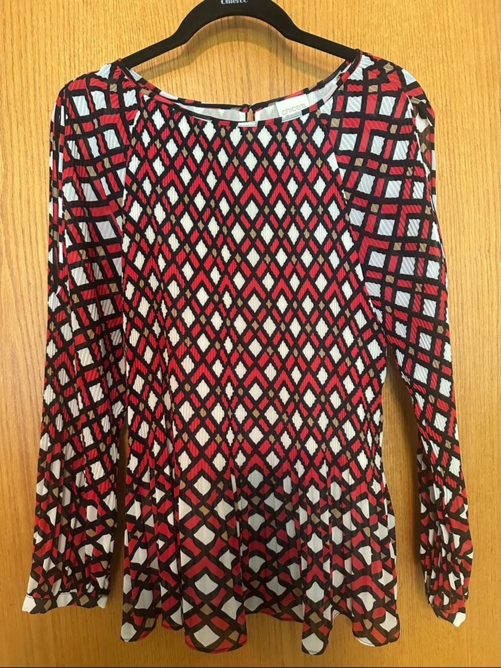 Chico's Red, Black & White Geometric Long-Sleeve Cold Shoulder top